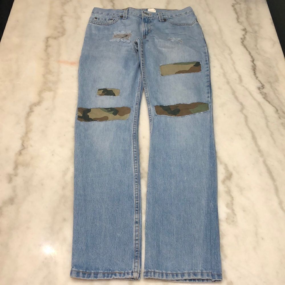 Vintage Levi’s 514 Reworked With Camo Patches Size 5 30x31.5 Made in USA